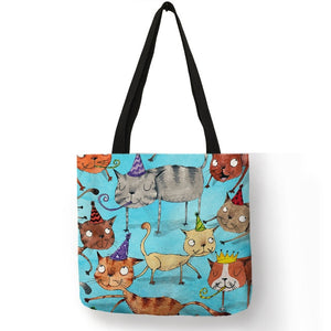 Design Cute Kawaii Cartoon Anime Cat Print Linen Tote Bag Women Fashion Handbags School Travel Shopping Shoulder Bags Reusable