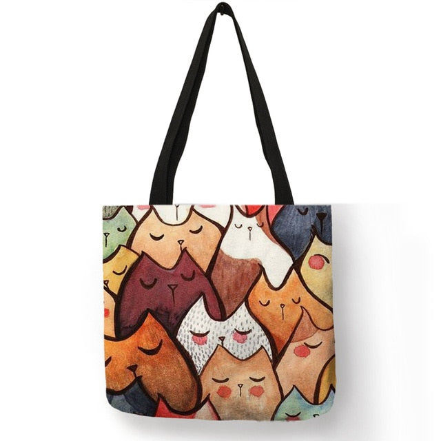 Design Cute Kawaii Cartoon Anime Cat Print Linen Tote Bag Women Fashion Handbags School Travel Shopping Shoulder Bags Reusable