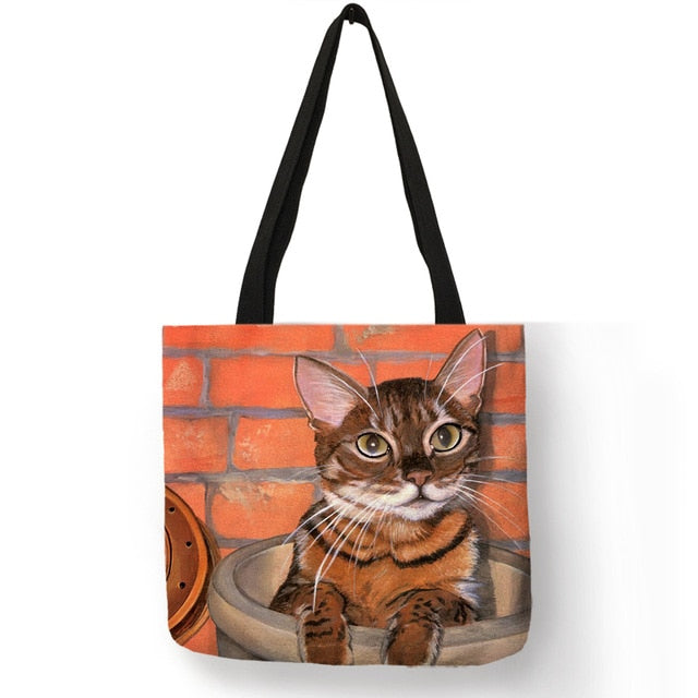 Eco Linen Reusable Shopping Bag With Oil Cat Painting Women Fashion Tote Bag Handbags Student Travel School Bags