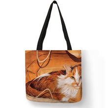 Load image into Gallery viewer, Eco Linen Reusable Shopping Bag With Oil Cat Painting Women Fashion Tote Bag Handbags Student Travel School Bags