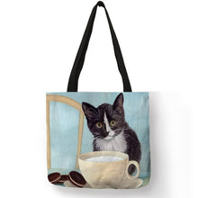 Load image into Gallery viewer, Eco Linen Reusable Shopping Bag With Oil Cat Painting Women Fashion Tote Bag Handbags Student Travel School Bags