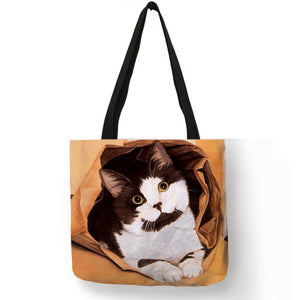 Eco Linen Reusable Shopping Bag With Oil Cat Painting Women Fashion Tote Bag Handbags Student Travel School Bags