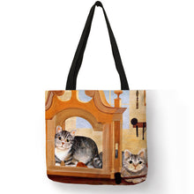 Load image into Gallery viewer, Eco Linen Reusable Shopping Bag With Oil Cat Painting Women Fashion Tote Bag Handbags Student Travel School Bags