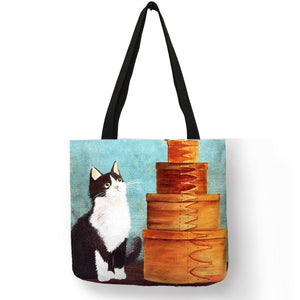 Eco Linen Reusable Shopping Bag With Oil Cat Painting Women Fashion Tote Bag Handbags Student Travel School Bags