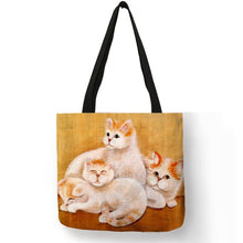 Load image into Gallery viewer, Eco Linen Reusable Shopping Bag With Oil Cat Painting Women Fashion Tote Bag Handbags Student Travel School Bags