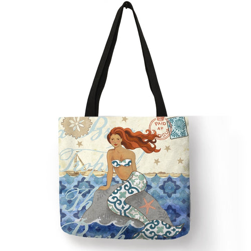 Excellent Design Tote Bag Beautiful Mermaid Ocean Animals Handbags Reusable Portable Bags Traveling Shopping Sac De Courses