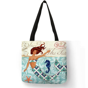 Excellent Design Tote Bag Beautiful Mermaid Ocean Animals Handbags Reusable Portable Bags Traveling Shopping Sac De Courses