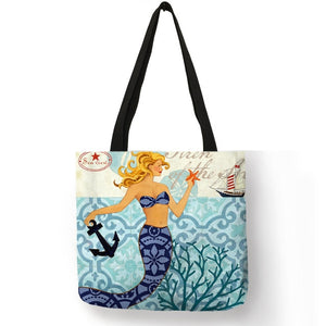 Excellent Design Tote Bag Beautiful Mermaid Ocean Animals Handbags Reusable Portable Bags Traveling Shopping Sac De Courses