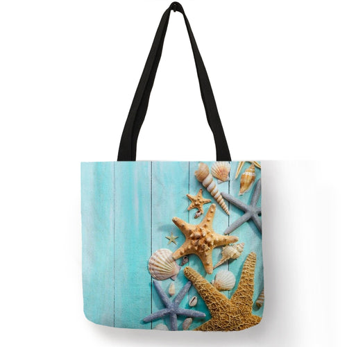 Ladies  Shoulder Bag Blue Ocean Starfish Beach Sand Prints Tote Bag Linen Fabric Beautiful Casual Practical Handbag