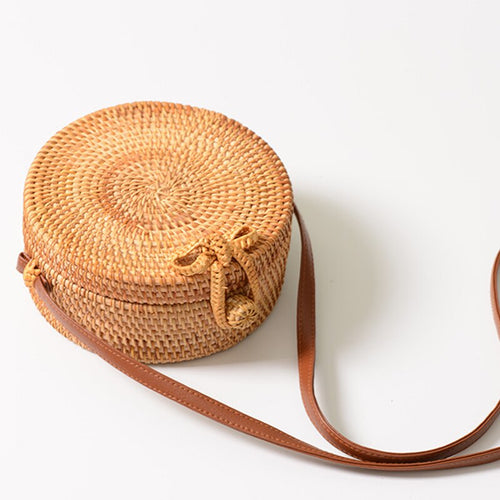 Straw Bag Rattan Handbags Bali Beach Bag Round Bow Design Crossbody Handbag Summer Women Shoulder Bag Leather Fashion Girls
