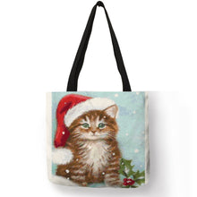 Load image into Gallery viewer, Lovely Animal Painting Women Handbag Christmas Hatted Dog Cats Eco Linen Good Quality Pretty Decoration Tote Bag Daily Use