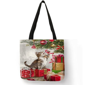 Lovely Animal Painting Women Handbag Christmas Hatted Dog Cats Eco Linen Good Quality Pretty Decoration Tote Bag Daily Use
