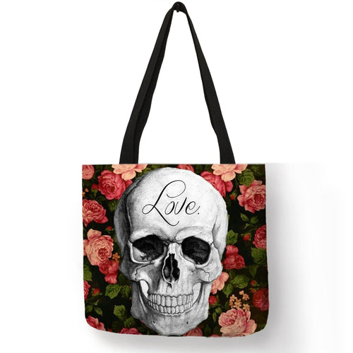 Floral Skull Customized Tote Bag  Linen Handbags for Women Lady Eco Reusable Shopping Bags Traveling