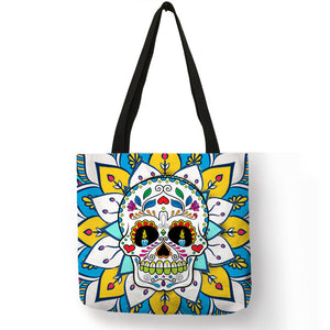 Floral Skull Customized Tote Bag  Linen Handbags for Women Lady Eco Reusable Shopping Bags Traveling