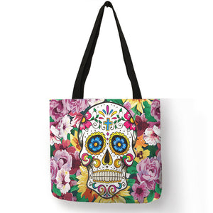 Floral Skull Customized Tote Bag  Linen Handbags for Women Lady Eco Reusable Shopping Bags Traveling