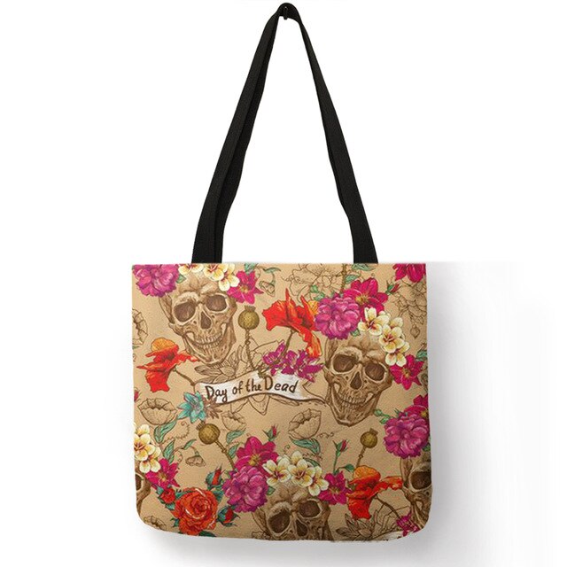 Floral Skull Customized Tote Bag  Linen Handbags for Women Lady Eco Reusable Shopping Bags Traveling