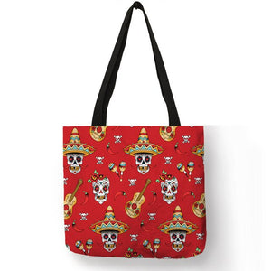 Floral Skull Customized Tote Bag  Linen Handbags for Women Lady Eco Reusable Shopping Bags Traveling