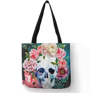 Floral Skull Customized Tote Bag  Linen Handbags for Women Lady Eco Reusable Shopping Bags Traveling
