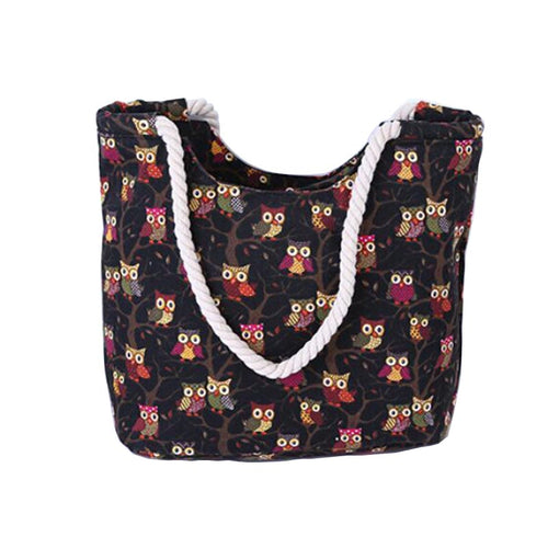 Cartoon Owl Printed Shoulder Bag Women Large Capacity Female Shopping Bag Canvas Handbag Summer Beach Bag