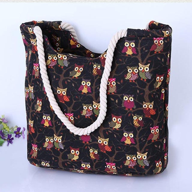 Cartoon Owl Printed Shoulder Bag Women Large Capacity Female Shopping Bag Canvas Handbag Summer Beach Bag