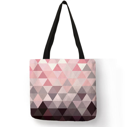 Pink Blue Color Geometry Pattern Tote Bag Letter Printed Linen Handbag Double Side Print Travel Folding Reusable Bags Sac A Main