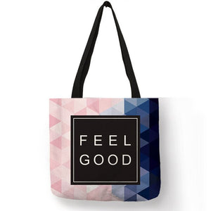 Pink Blue Color Geometry Pattern Tote Bag Letter Printed Linen Handbag Double Side Print Travel Folding Reusable Bags Sac A Main