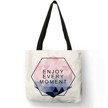 Load image into Gallery viewer, Pink Blue Color Geometry Pattern Tote Bag Letter Printed Linen Handbag Double Side Print Travel Folding Reusable Bags Sac A Main