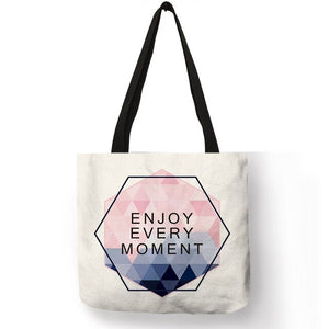 Pink Blue Color Geometry Pattern Tote Bag Letter Printed Linen Handbag Double Side Print Travel Folding Reusable Bags Sac A Main